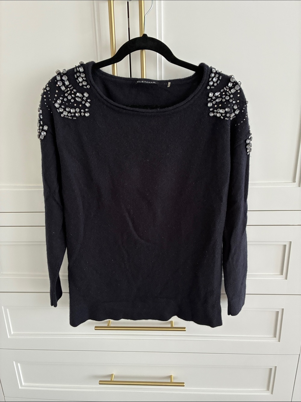 Elie Tahari Cashmere Beaded Shoulder Navy Blue Sweater